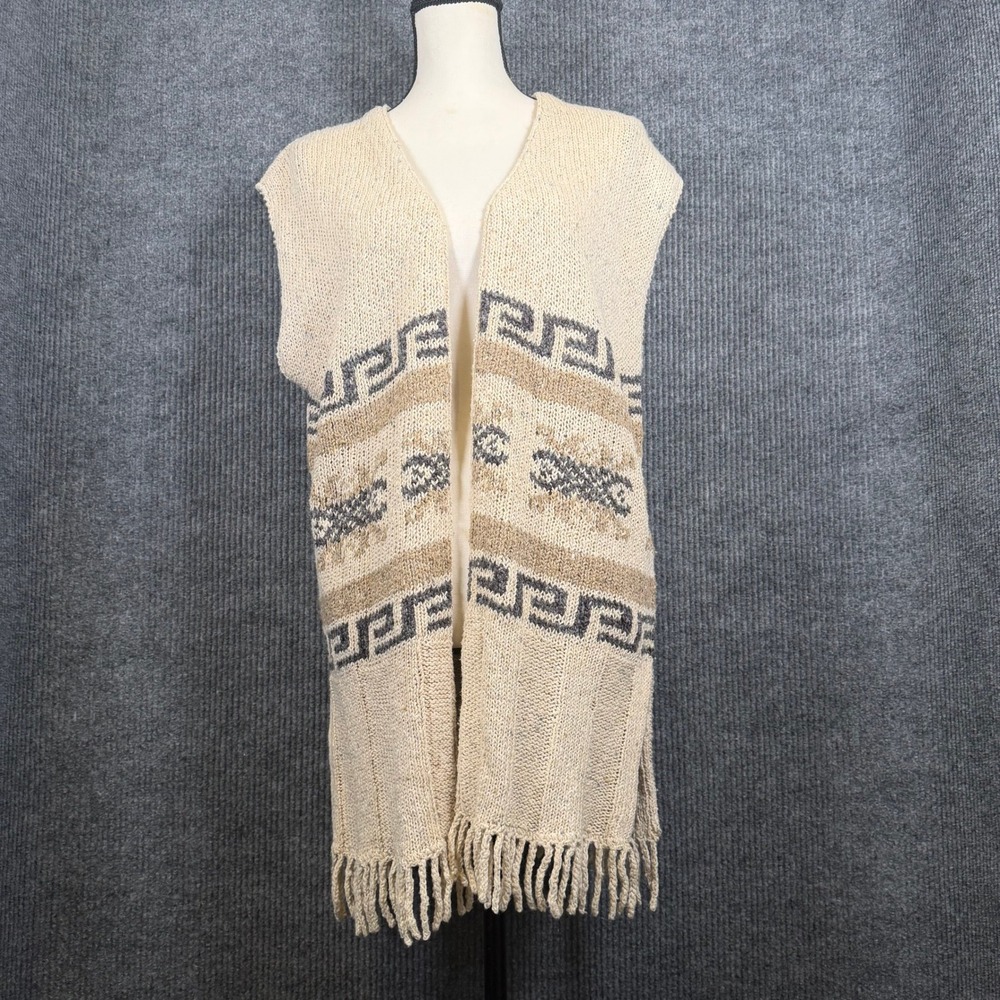 Y2K Incognito Fringe Knit Duster Vest Women M Boho Southwestern Long‎ Cardigan